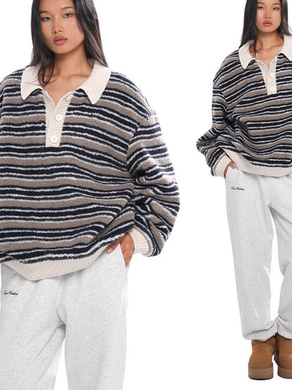 SweetChilling Layered Fleece Polo Striped Women&