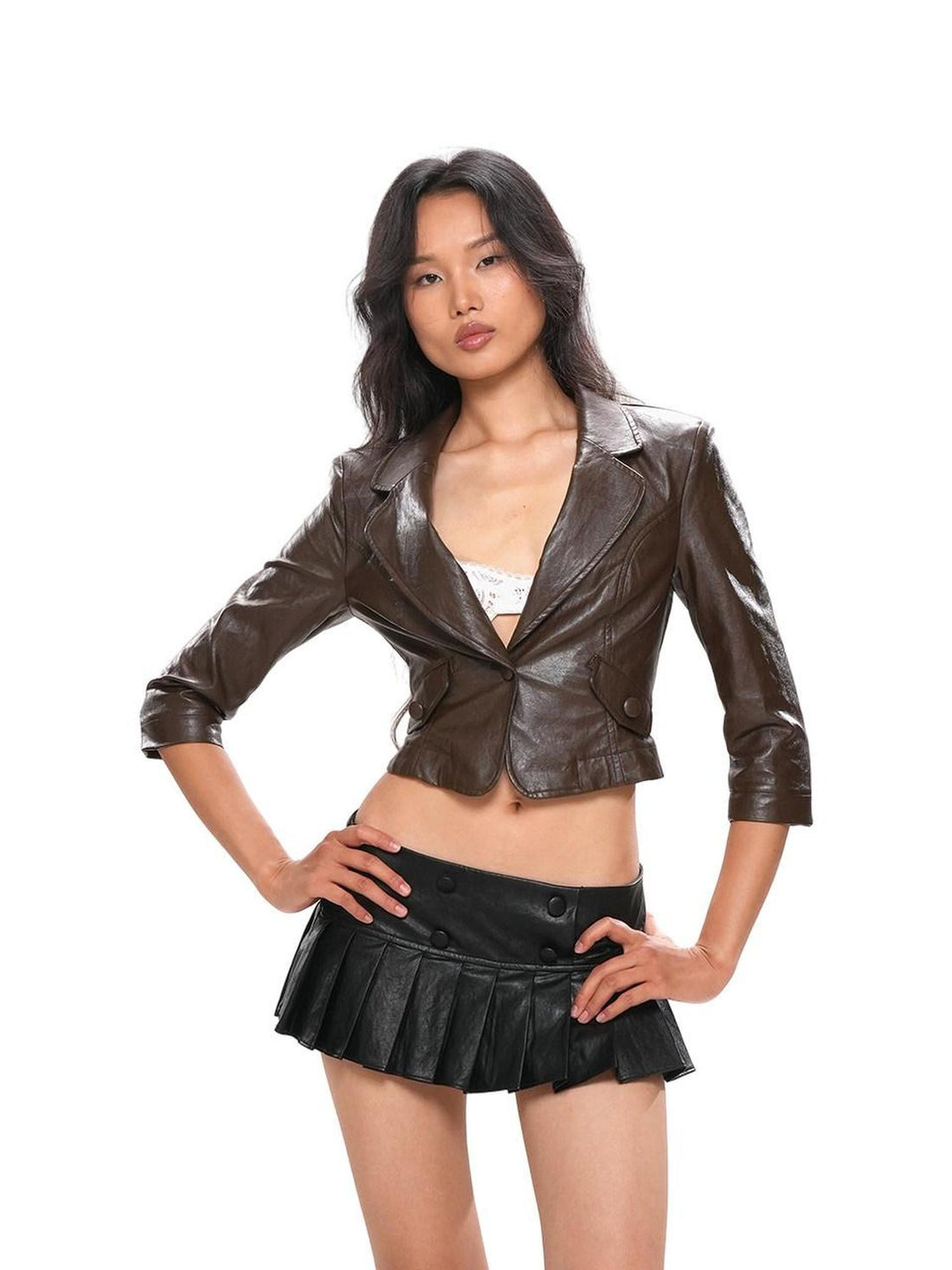 SweetChilling Letter Glossy Textured Cinched Pleated Low Rise Women&