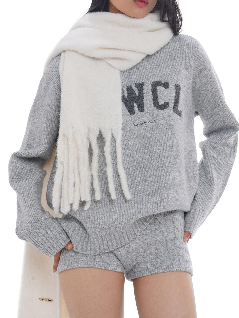 SweetChilling Light Gray Letter Jacquard Cable Knit Women&