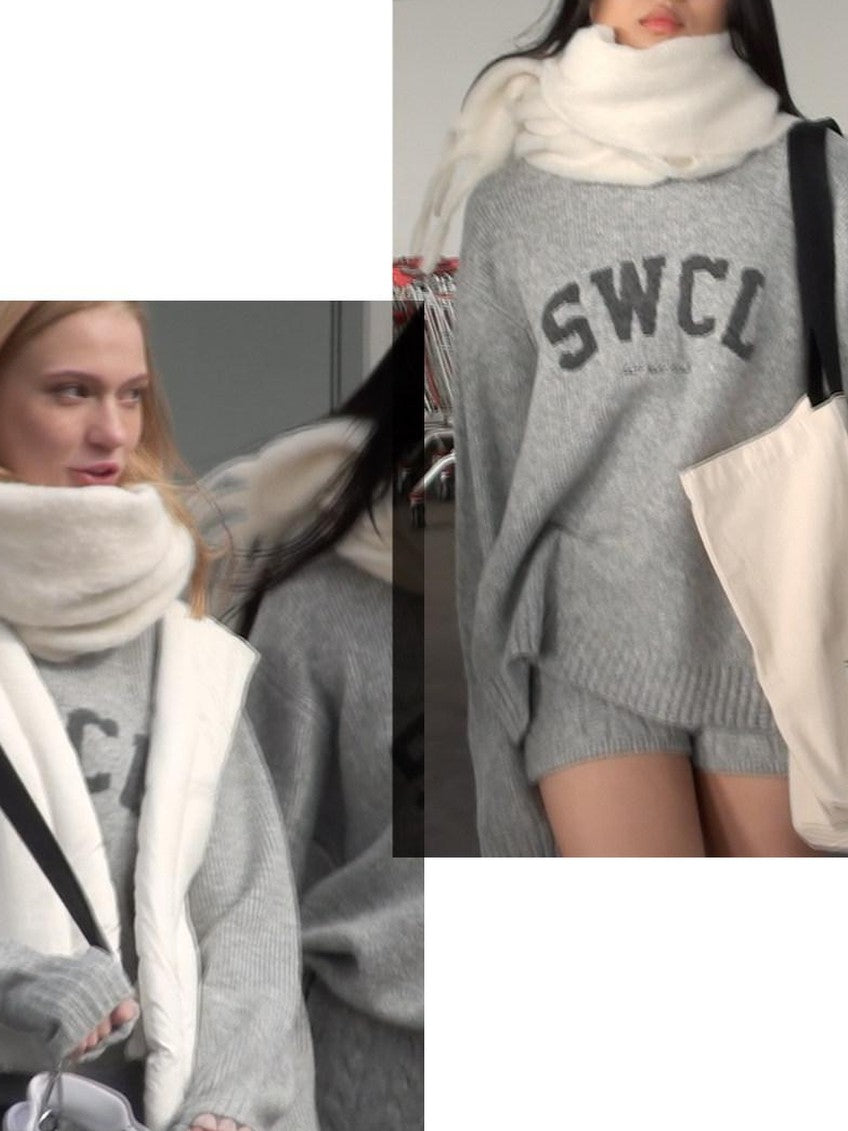 SweetChilling Light Gray Letter Jacquard Cable Knit Women&
