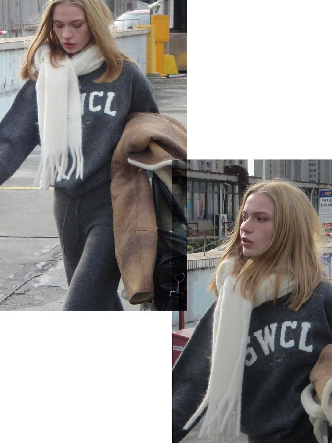 SweetChilling Light Gray Letter Jacquard Cable Knit Women&
