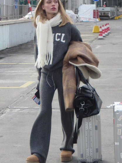 SweetChilling Light Gray Letter Jacquard Cable Knit Women&