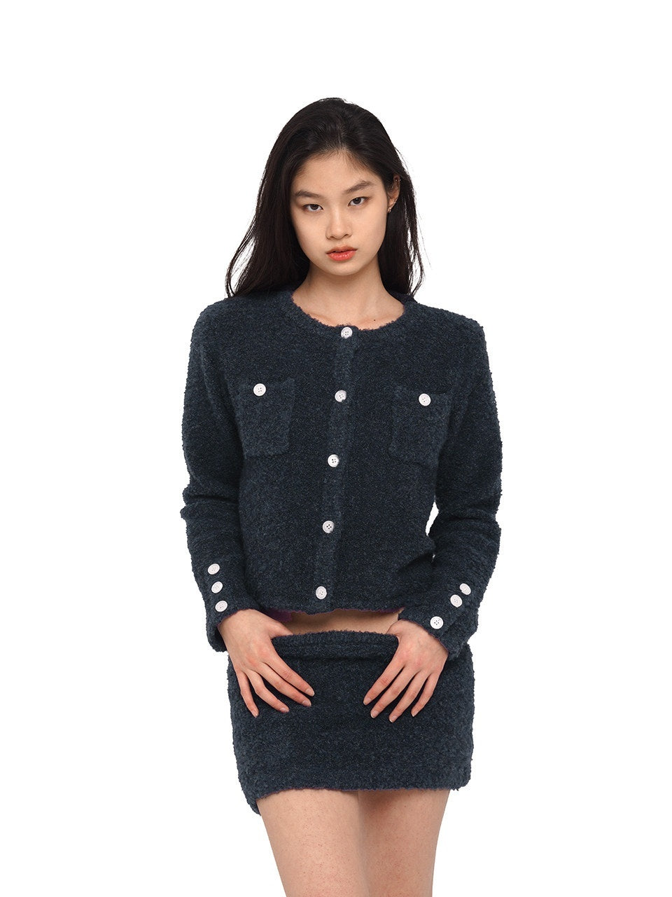 SweetChilling_Navy_Contrast_Button_Boucle_Cardigan_Women&