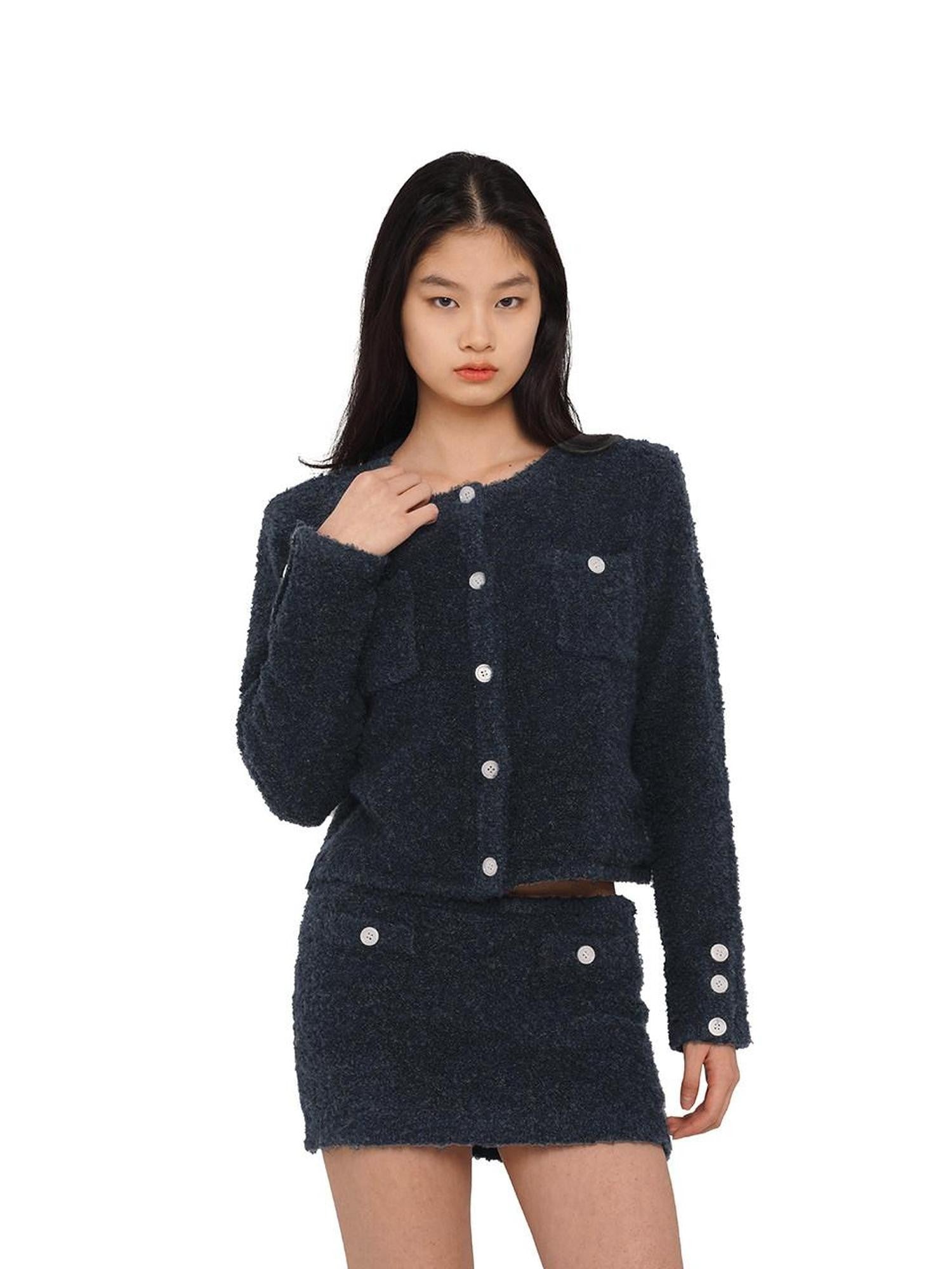 SweetChilling Navy Contrast Button Boucle Cardigan Women&