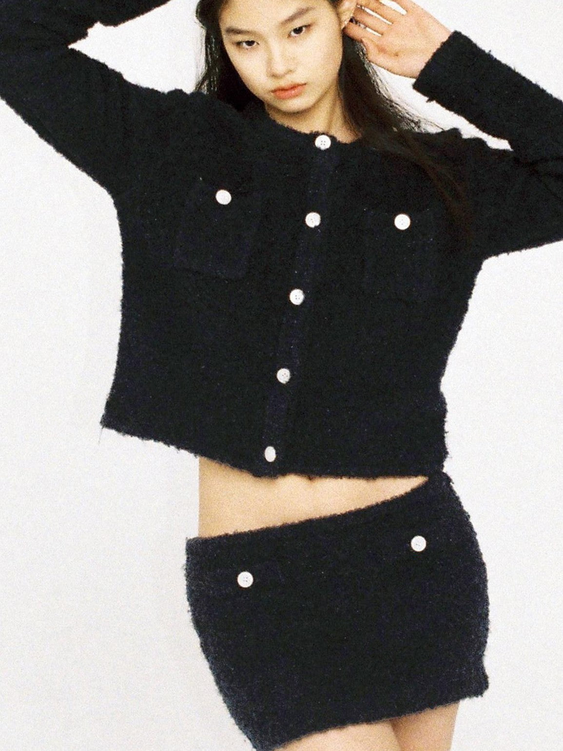 SweetChilling Navy Contrast Button Boucle Cardigan Women&