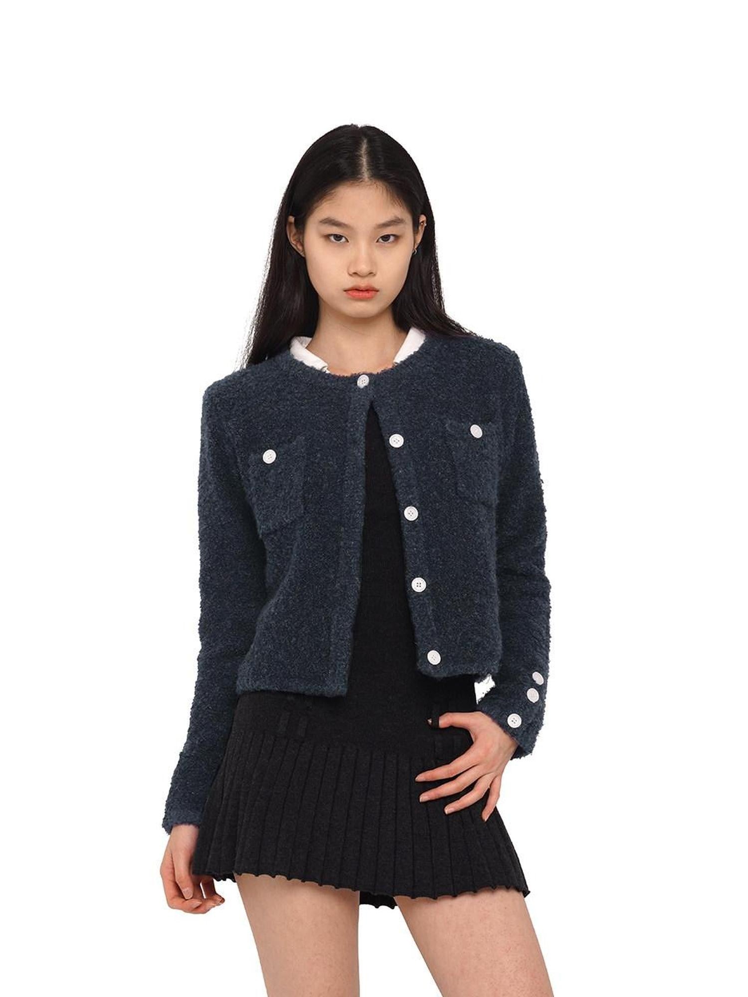 SweetChilling Navy Contrast Button Boucle Cardigan Women&