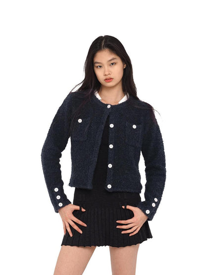 SweetChilling Navy Contrast Button Boucle Cardigan Women&