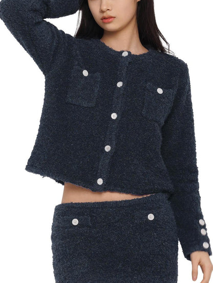 SweetChilling Navy Contrast Button Boucle Cardigan Women&