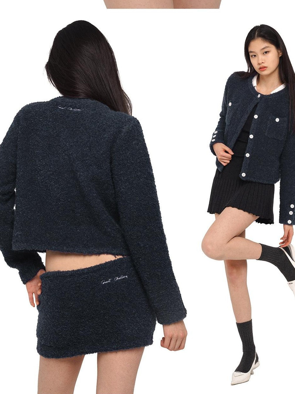 SweetChilling Navy Contrast Button Boucle Cardigan Women&