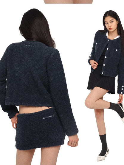 SweetChilling Navy Contrast Button Boucle Cardigan Women&