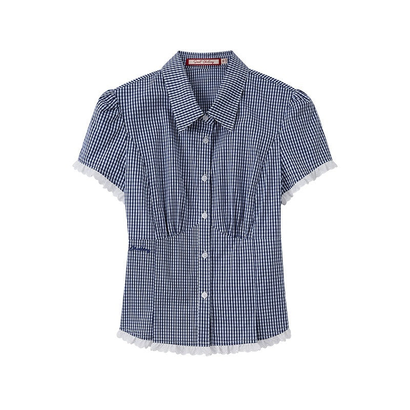 SweetChilling Navy Waist Cinched Fitted Shirt College Style Women&