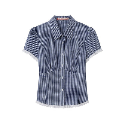 SweetChilling Navy Waist Cinched Fitted Shirt College Style Women&