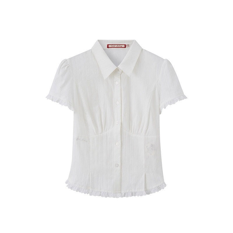 SweetChilling Navy Waist Cinched Fitted Shirt College Style Women&