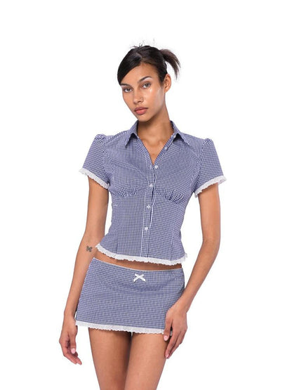 SweetChilling Navy Waist Cinched Fitted Shirt College Style Women&
