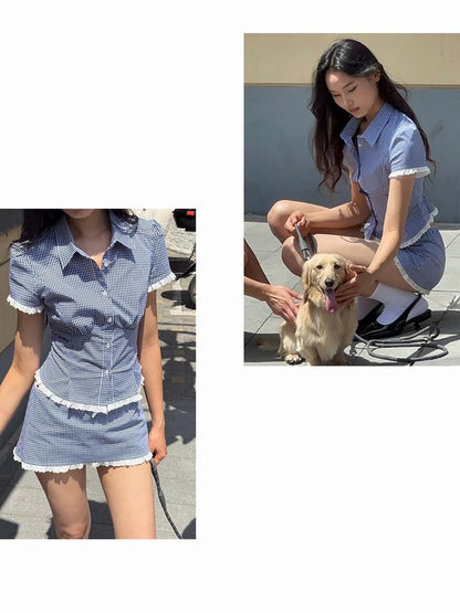 SweetChilling Navy Waist Cinched Fitted Shirt College Style Women&