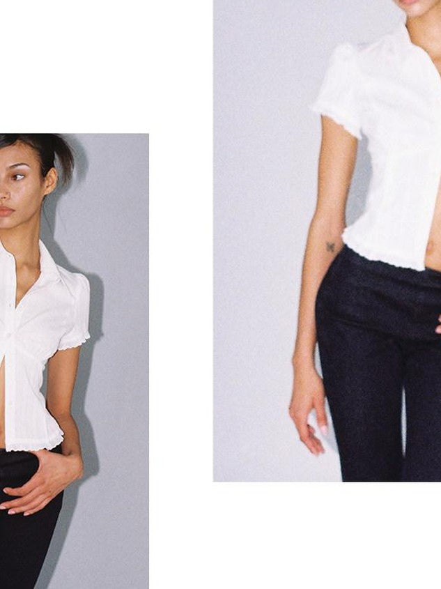 SweetChilling Navy Waist Cinched Fitted Shirt College Style Women&
