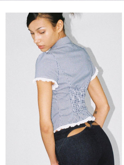 SweetChilling Navy Waist Cinched Fitted Shirt College Style Women&