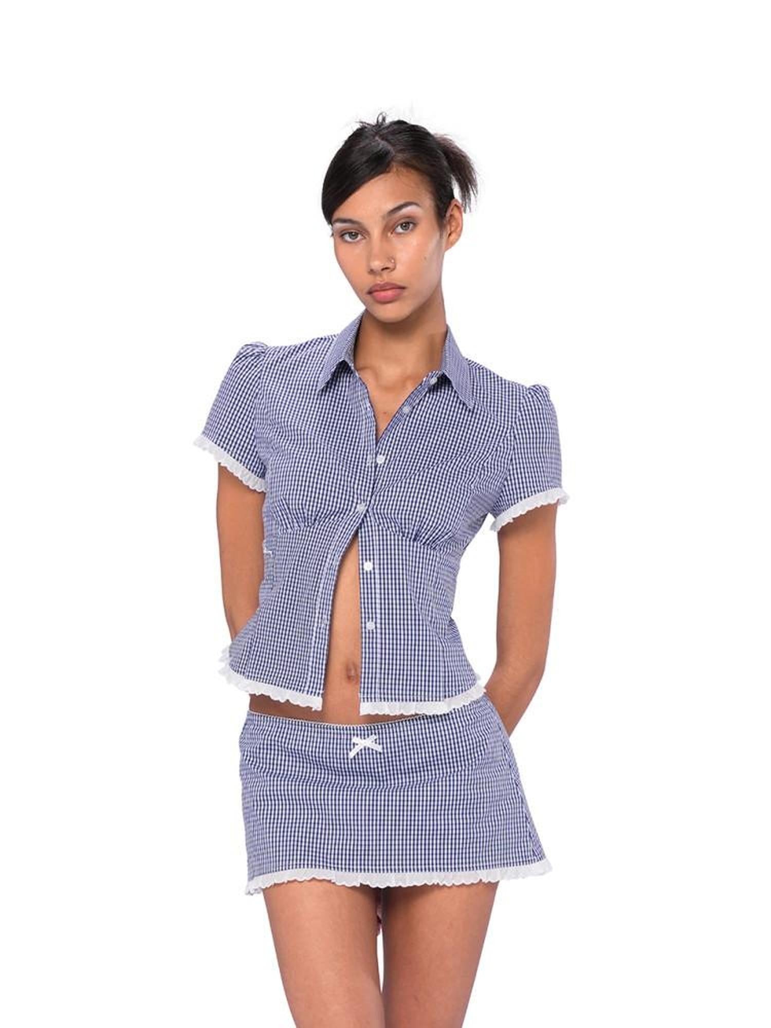 SweetChilling Navy Waist Cinched Fitted Shirt College Style Women&