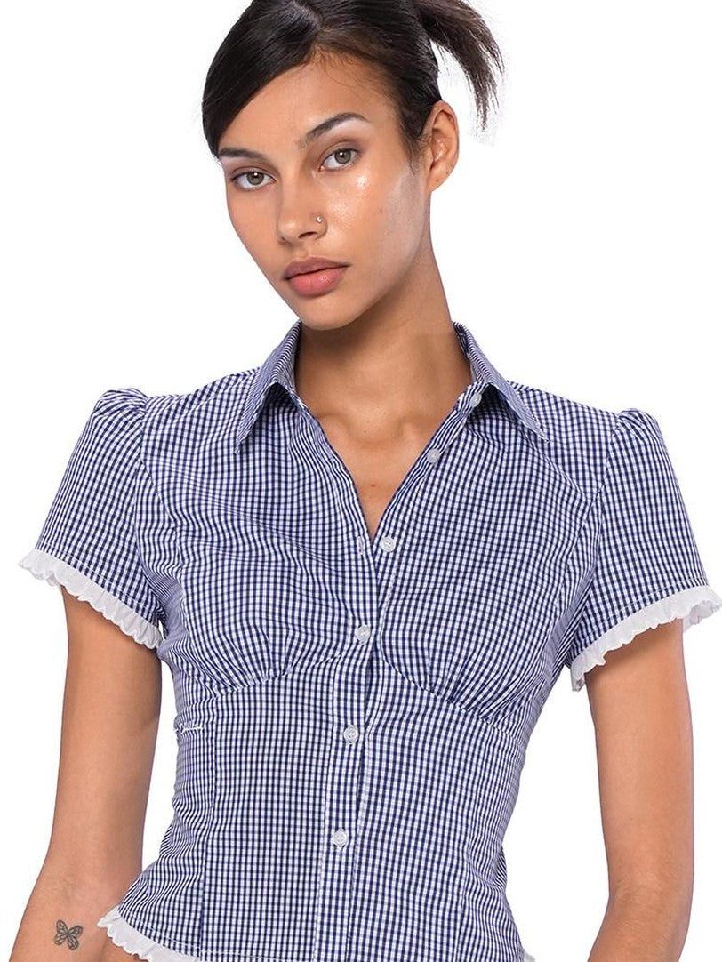 SweetChilling Navy Waist Cinched Fitted Shirt College Style Women&