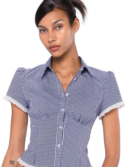 SweetChilling Navy Waist Cinched Fitted Shirt College Style Women&