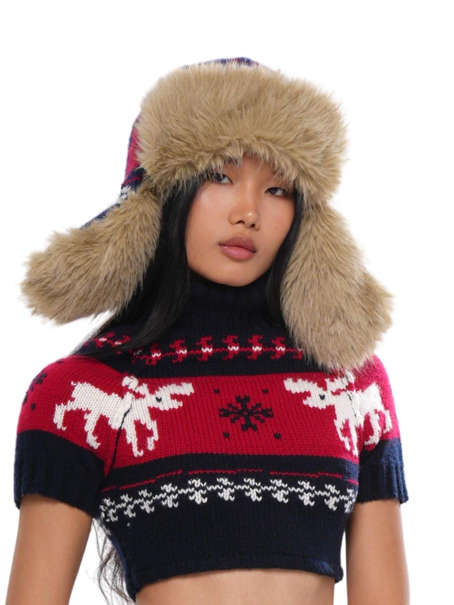 SweetChilling Nordic Reindeer Jacquard Fuzzy Earflap Round Top Women&