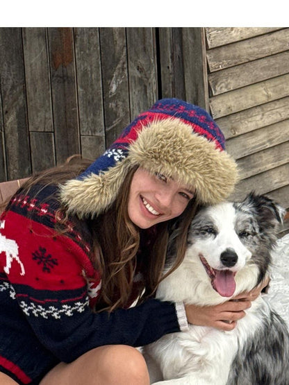SweetChilling Nordic Reindeer Jacquard Fuzzy Earflap Round Top Women&