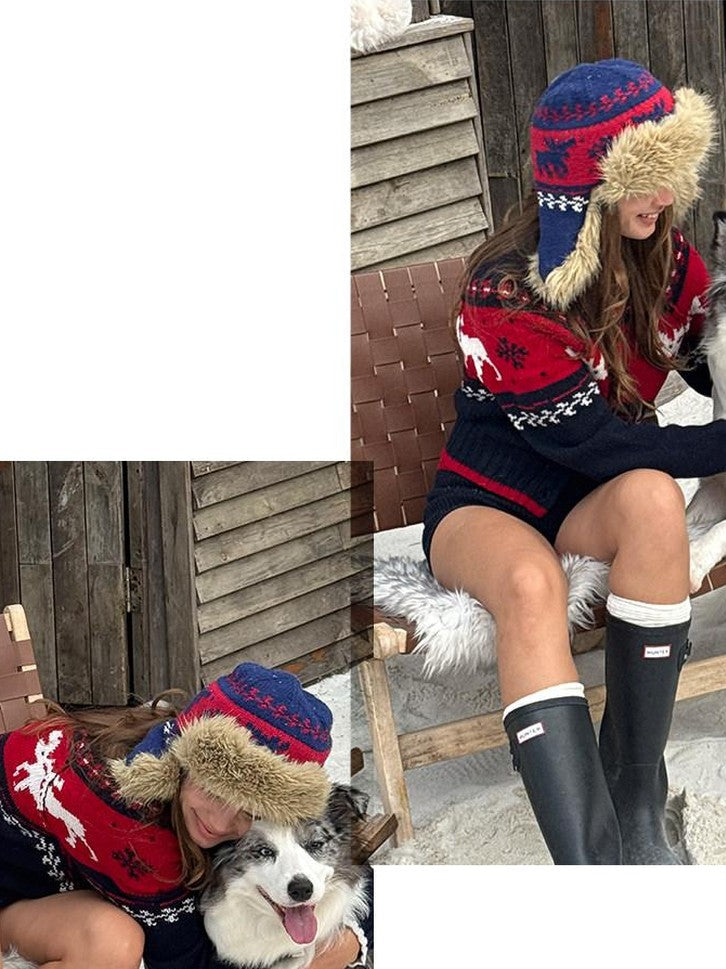 SweetChilling Nordic Reindeer Jacquard Fuzzy Earflap Round Top Women&
