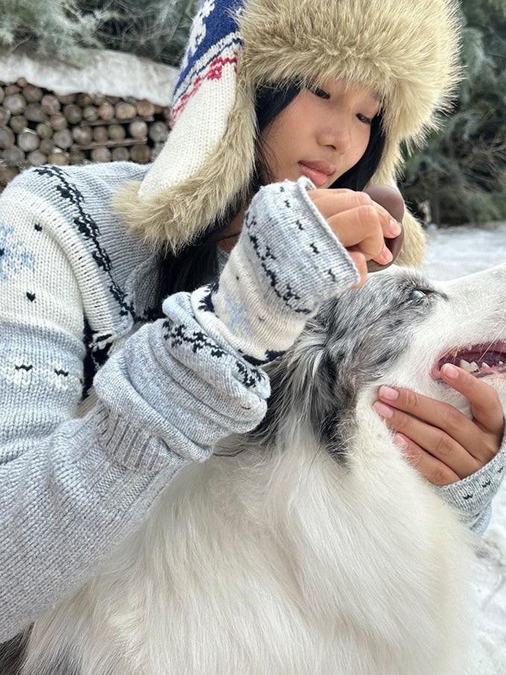 SweetChilling Nordic Reindeer Jacquard Fuzzy Earflap Round Top Women&