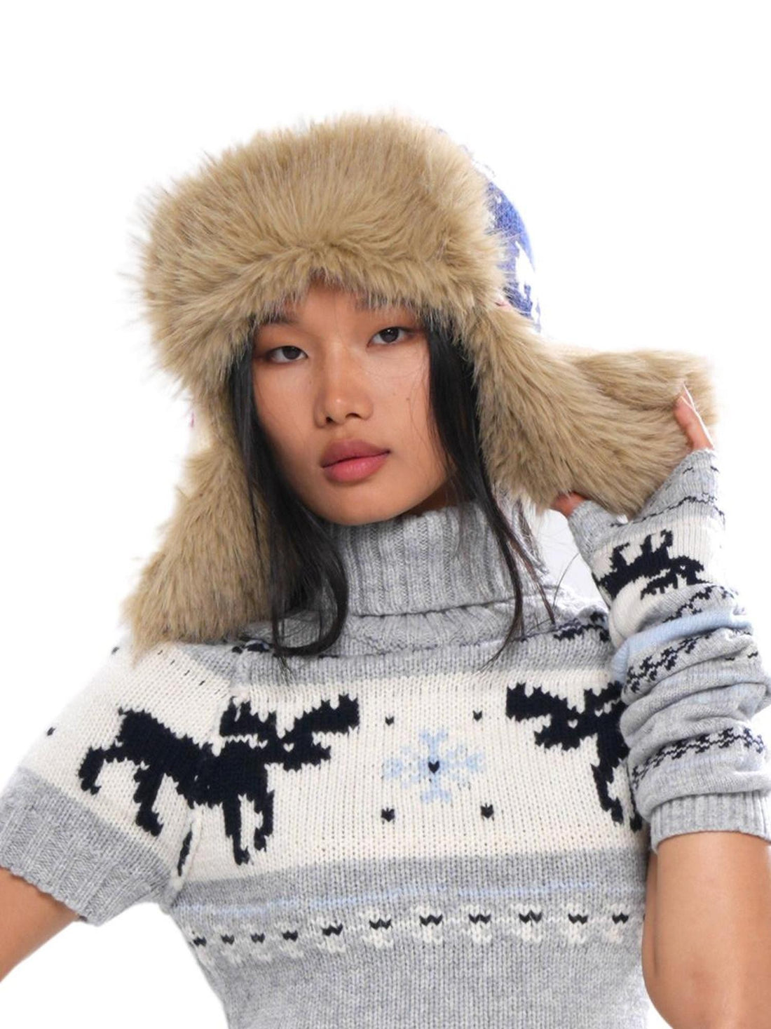 SweetChilling Nordic Reindeer Jacquard Fuzzy Earflap Round Top Women&