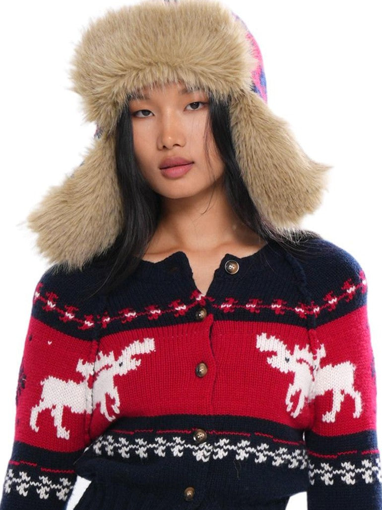 SweetChilling Nordic Reindeer Jacquard Fuzzy Earflap Round Top Women&