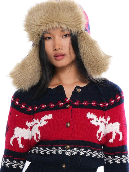 SweetChilling Nordic Reindeer Jacquard Fuzzy Earflap Round Top Women&