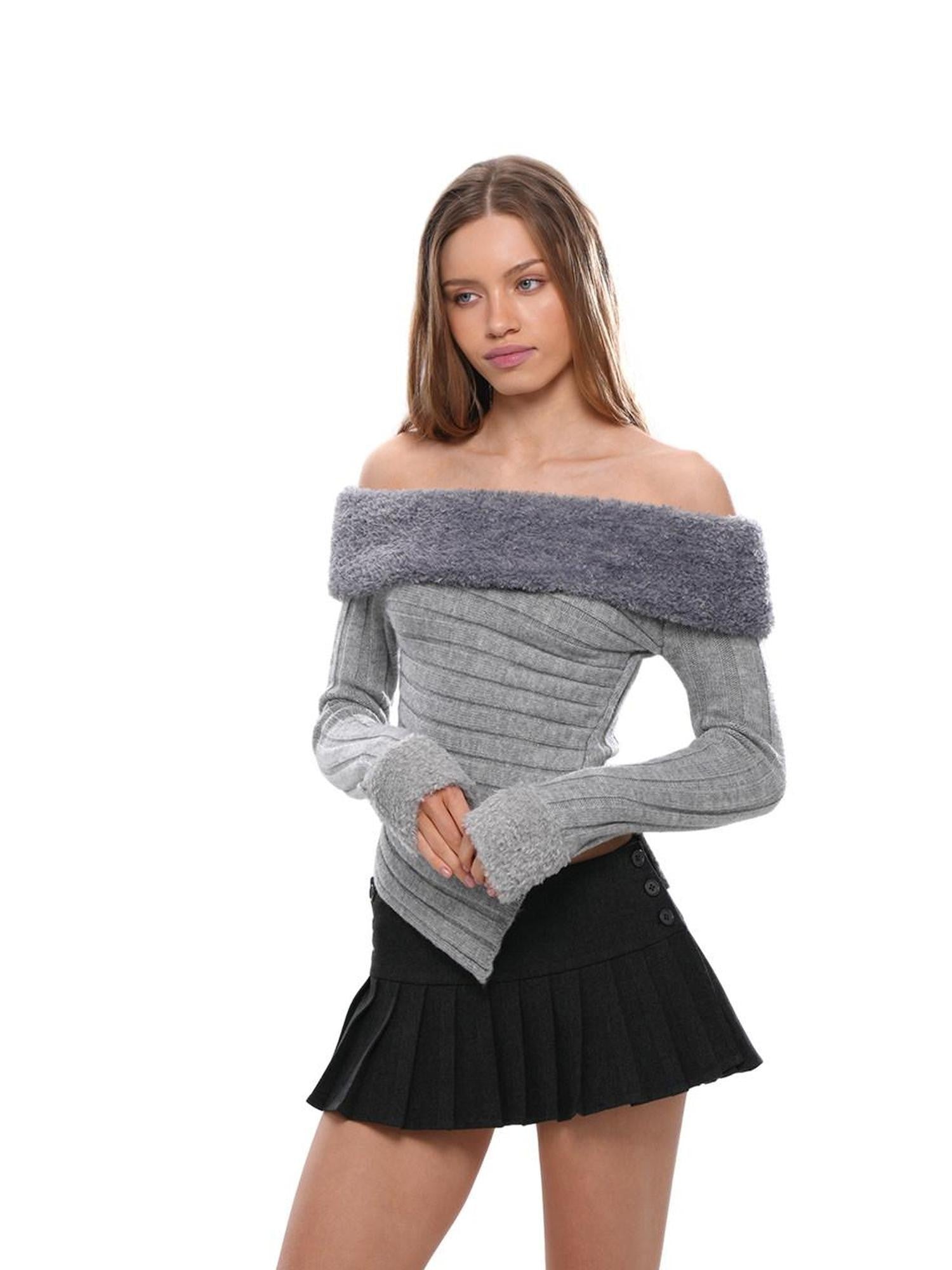 SweetChilling One Shoulder Fur Collar Asymmetric Hem Women&