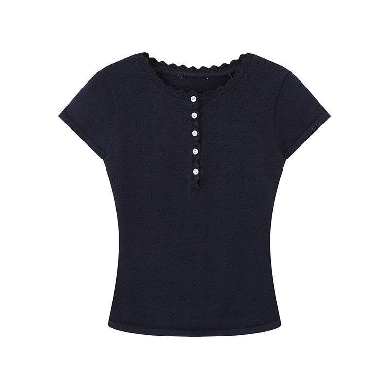 SweetChilling_Openwork_Knit_Henley_Short_Sleeve_Cinch_Waist_Women&