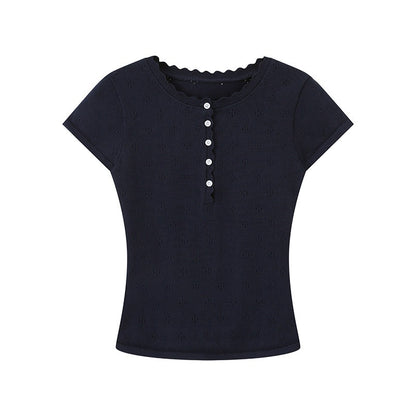 SweetChilling_Openwork_Knit_Henley_Short_Sleeve_Cinch_Waist_Women&