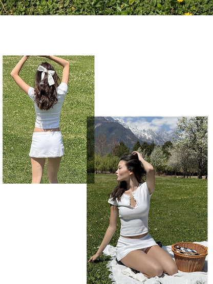 SweetChilling Openwork Knit Henley Short Sleeve Cinch Waist Women&