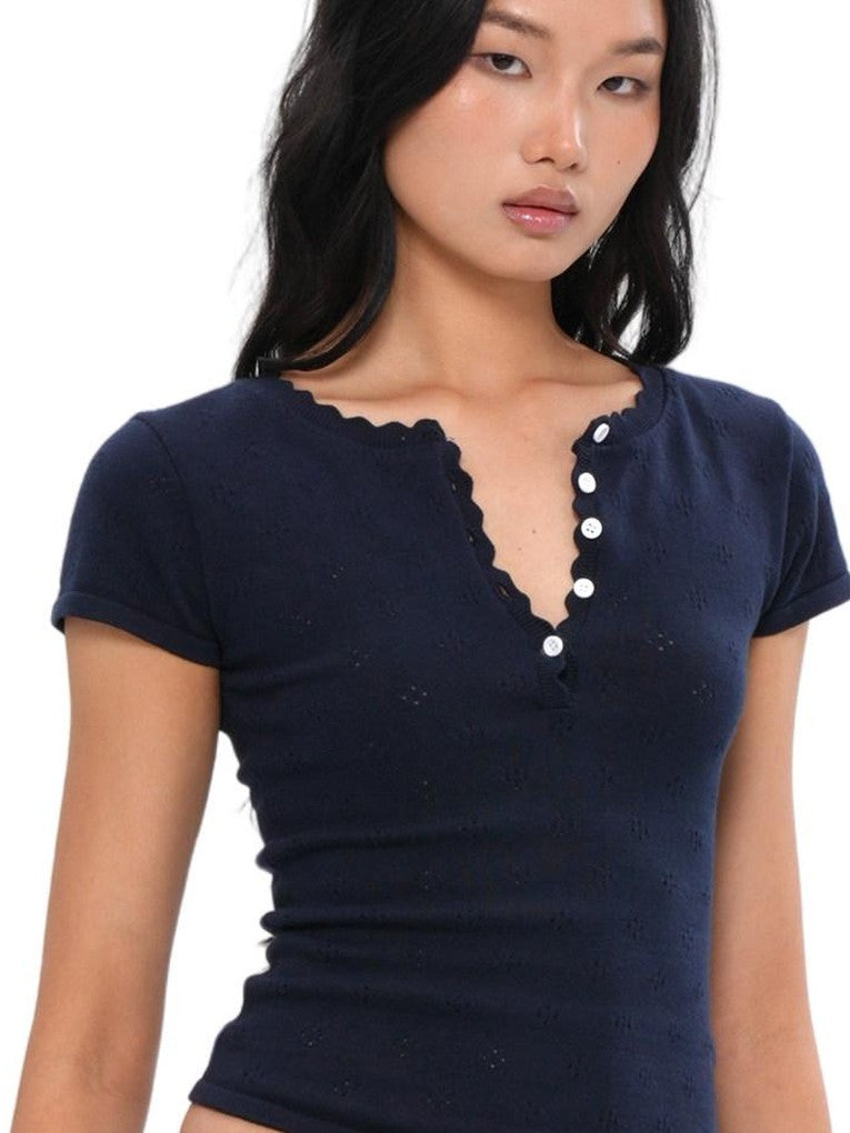 SweetChilling Openwork Knit Henley Short Sleeve Cinch Waist Women&