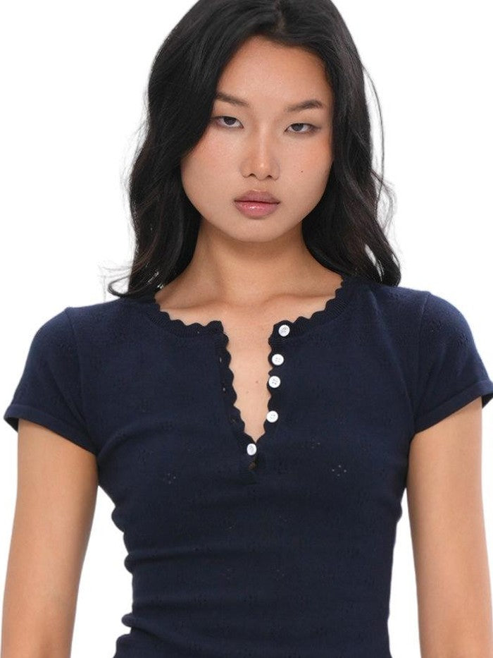 SweetChilling Openwork Knit Henley Short Sleeve Cinch Waist Women&