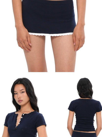 SweetChilling Openwork Knit Henley Short Sleeve Cinch Waist Women&