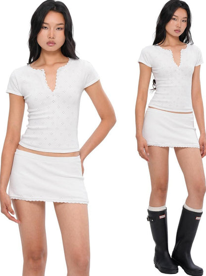 SweetChilling Openwork Knit Henley Short Sleeve Cinch Waist Women&