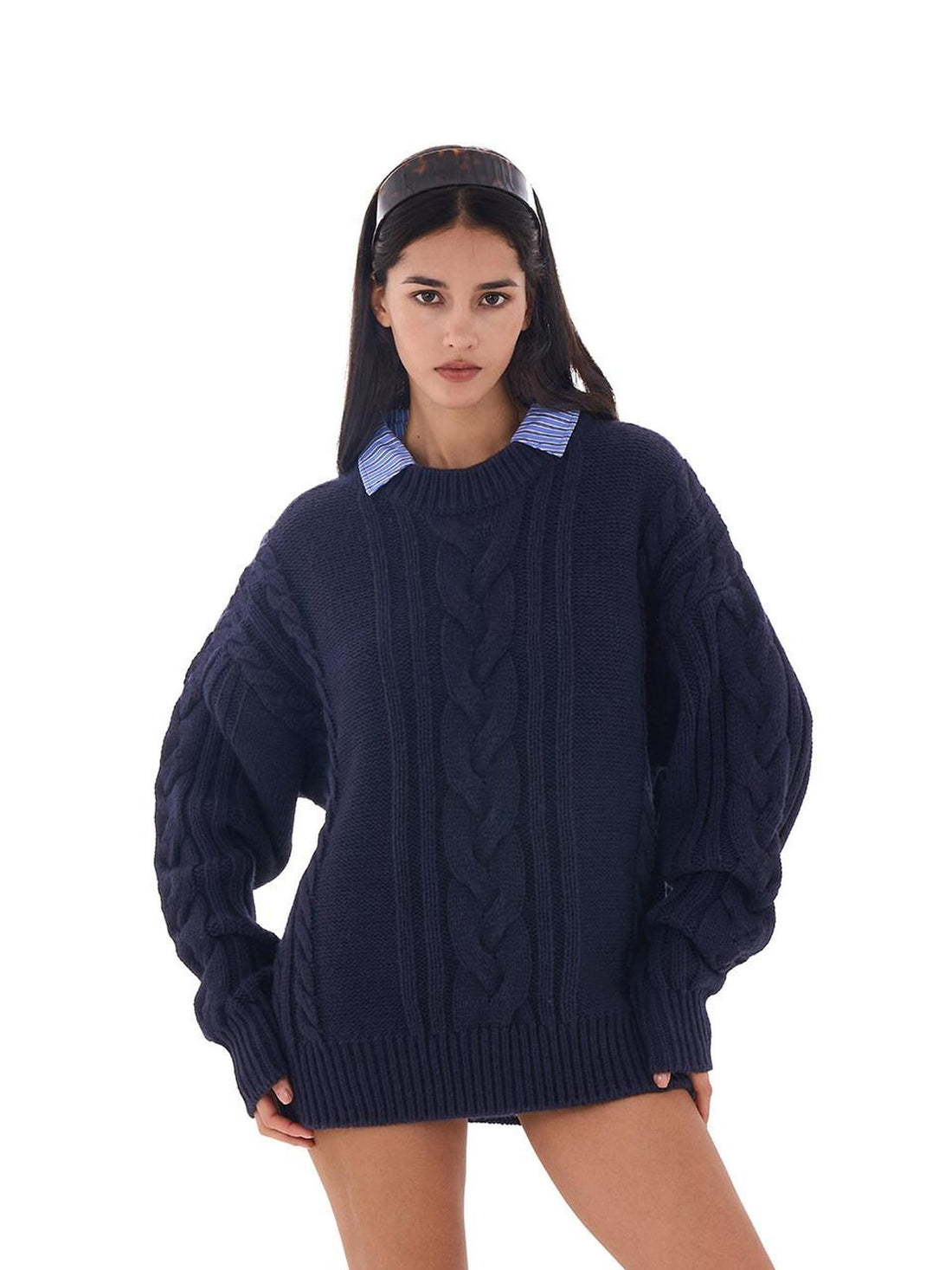 SweetChilling Oversize Chunky Cable Knit Detachable Striped Collar Women&