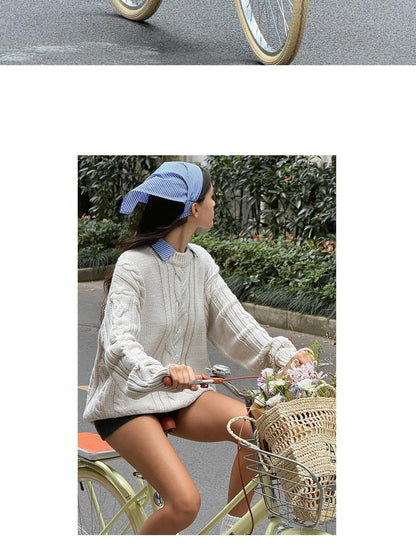 SweetChilling Oversize Chunky Cable Knit Detachable Striped Collar Women&