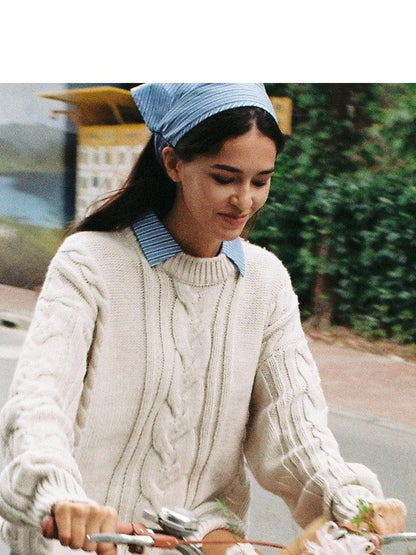 SweetChilling Oversize Chunky Cable Knit Detachable Striped Collar Women&