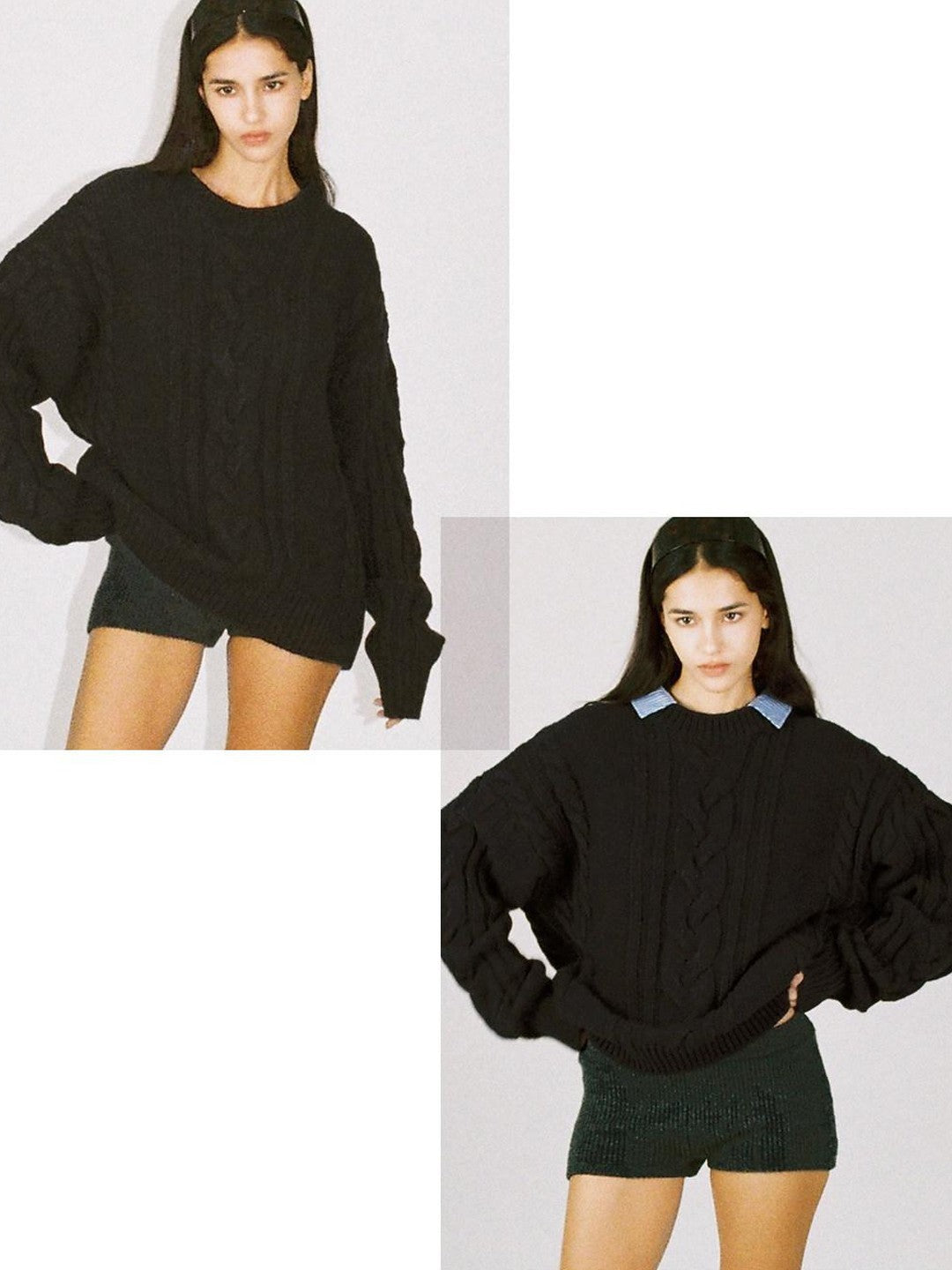 SweetChilling Oversize Chunky Cable Knit Detachable Striped Collar Women&