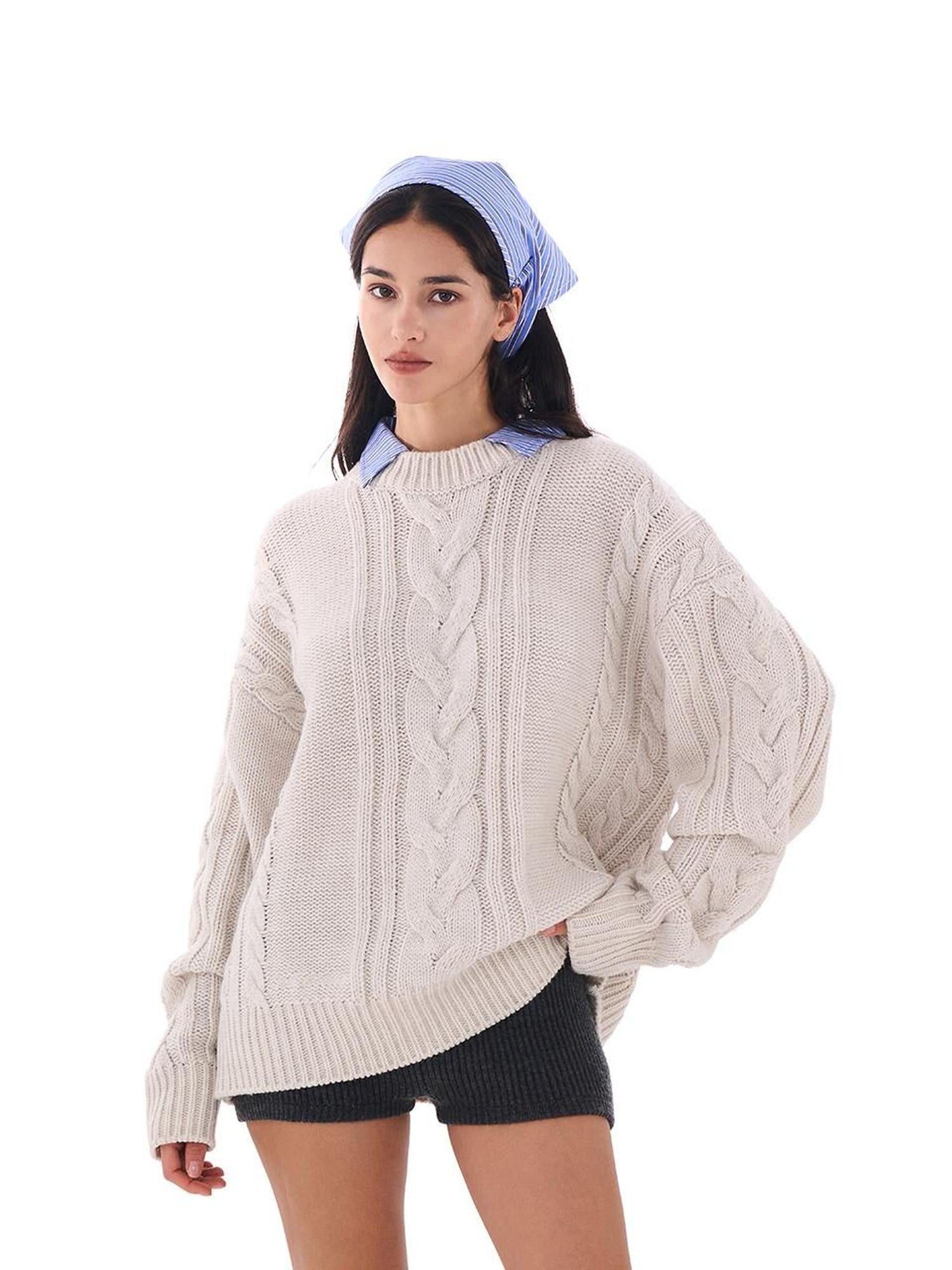 SweetChilling Oversize Chunky Cable Knit Detachable Striped Collar Women&