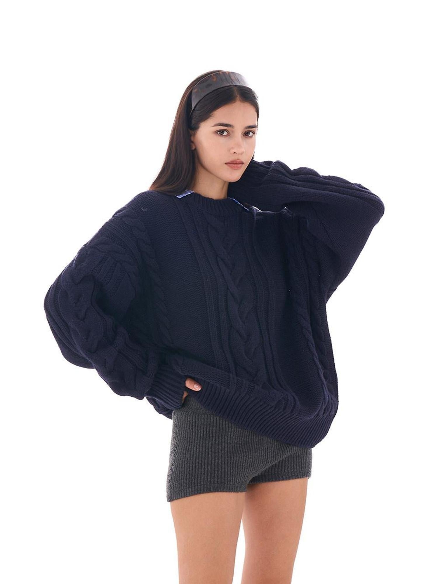 SweetChilling Oversize Chunky Cable Knit Detachable Striped Collar Women&