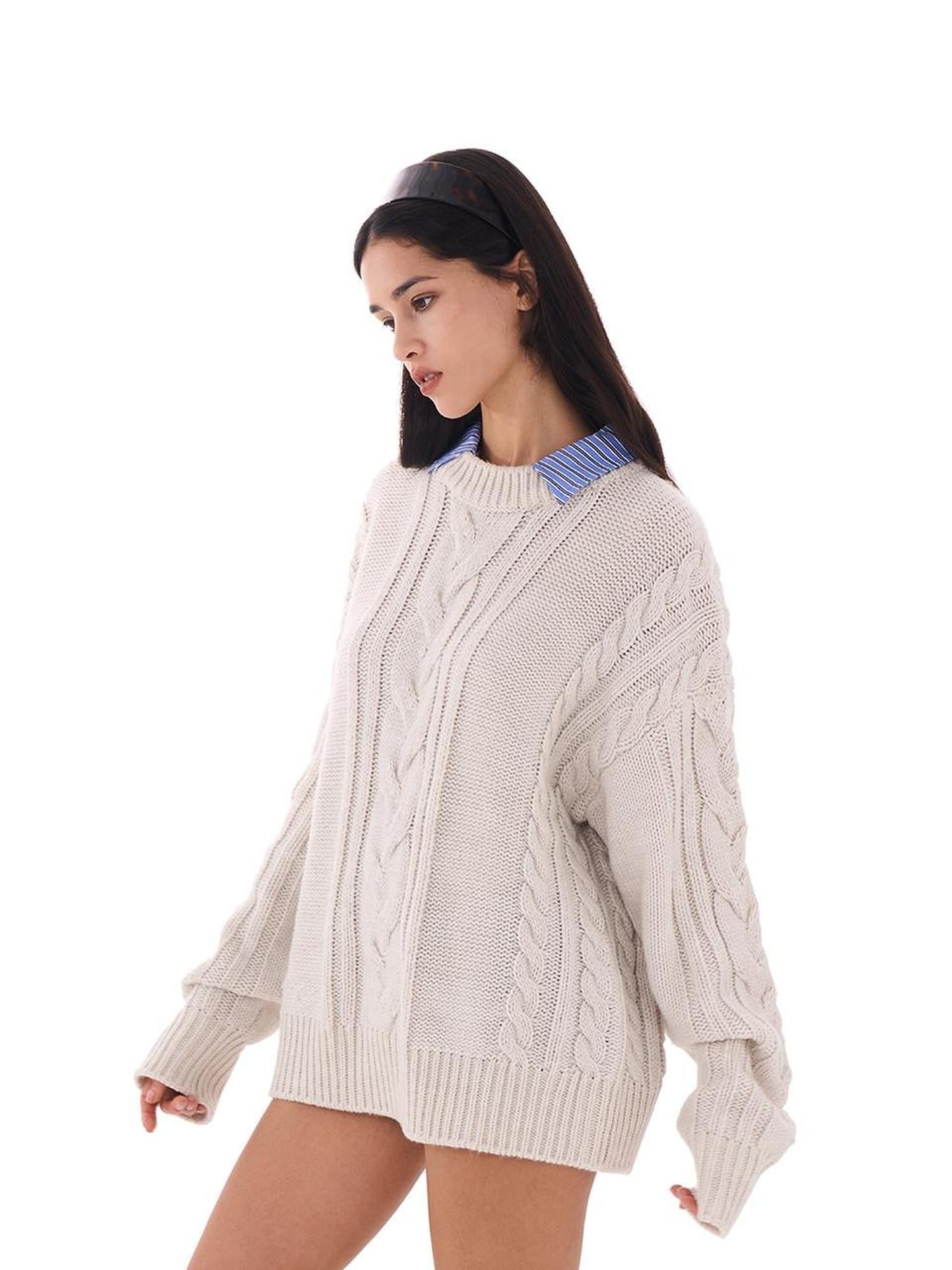 SweetChilling Oversize Chunky Cable Knit Detachable Striped Collar Women&