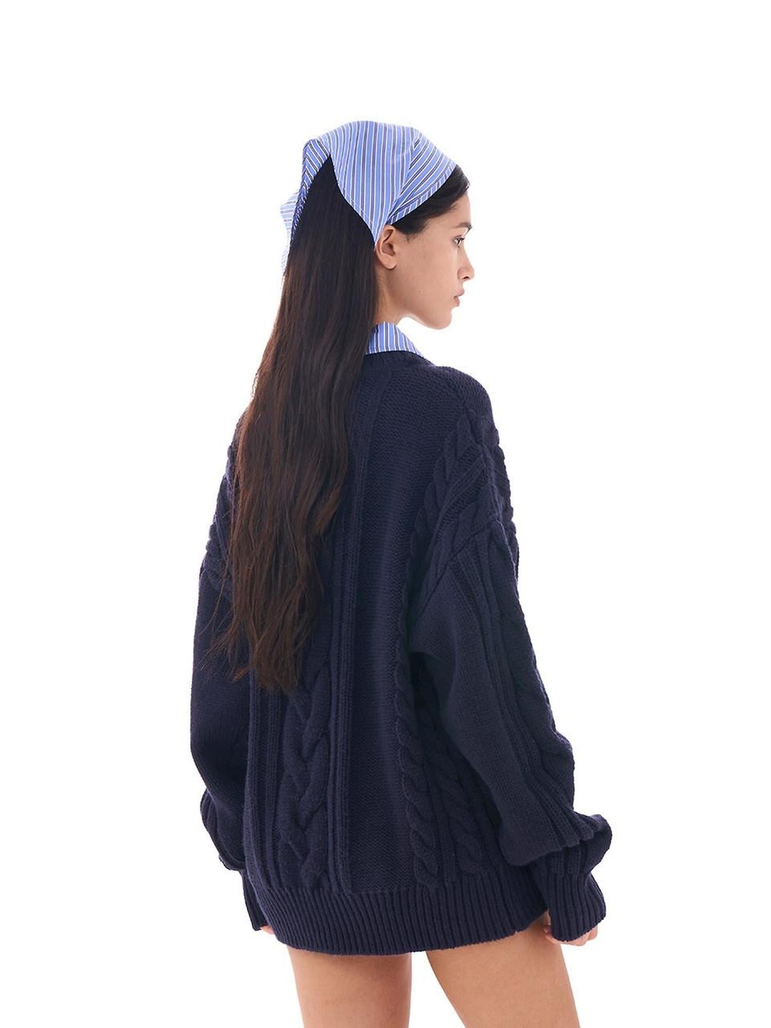 SweetChilling Oversize Chunky Cable Knit Detachable Striped Collar Women&