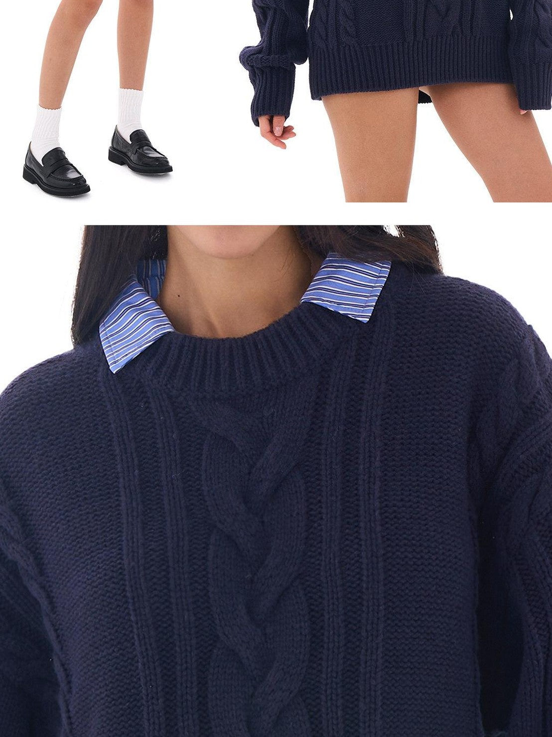 SweetChilling Oversize Chunky Cable Knit Detachable Striped Collar Women&