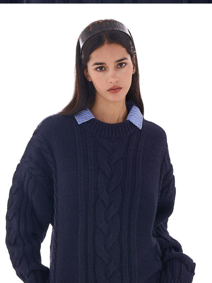 SweetChilling Oversize Chunky Cable Knit Detachable Striped Collar Women&