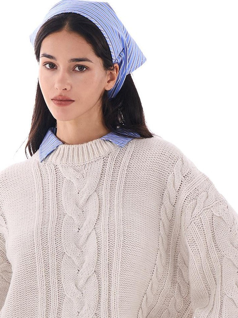 SweetChilling Oversize Chunky Cable Knit Detachable Striped Collar Women&